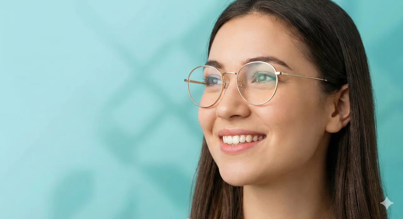 Woman wearing round metal eyeglasses in natural light