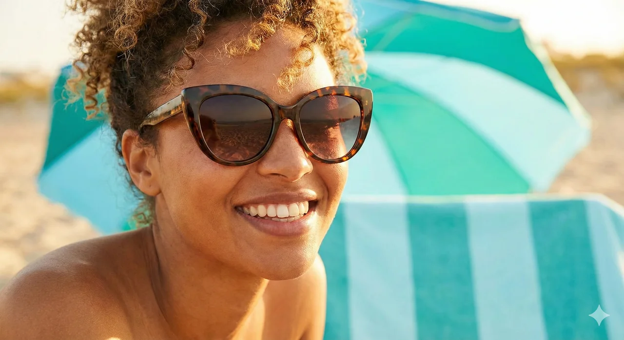 Woman wearing oversized tortoiseshell sunglasses outdoors